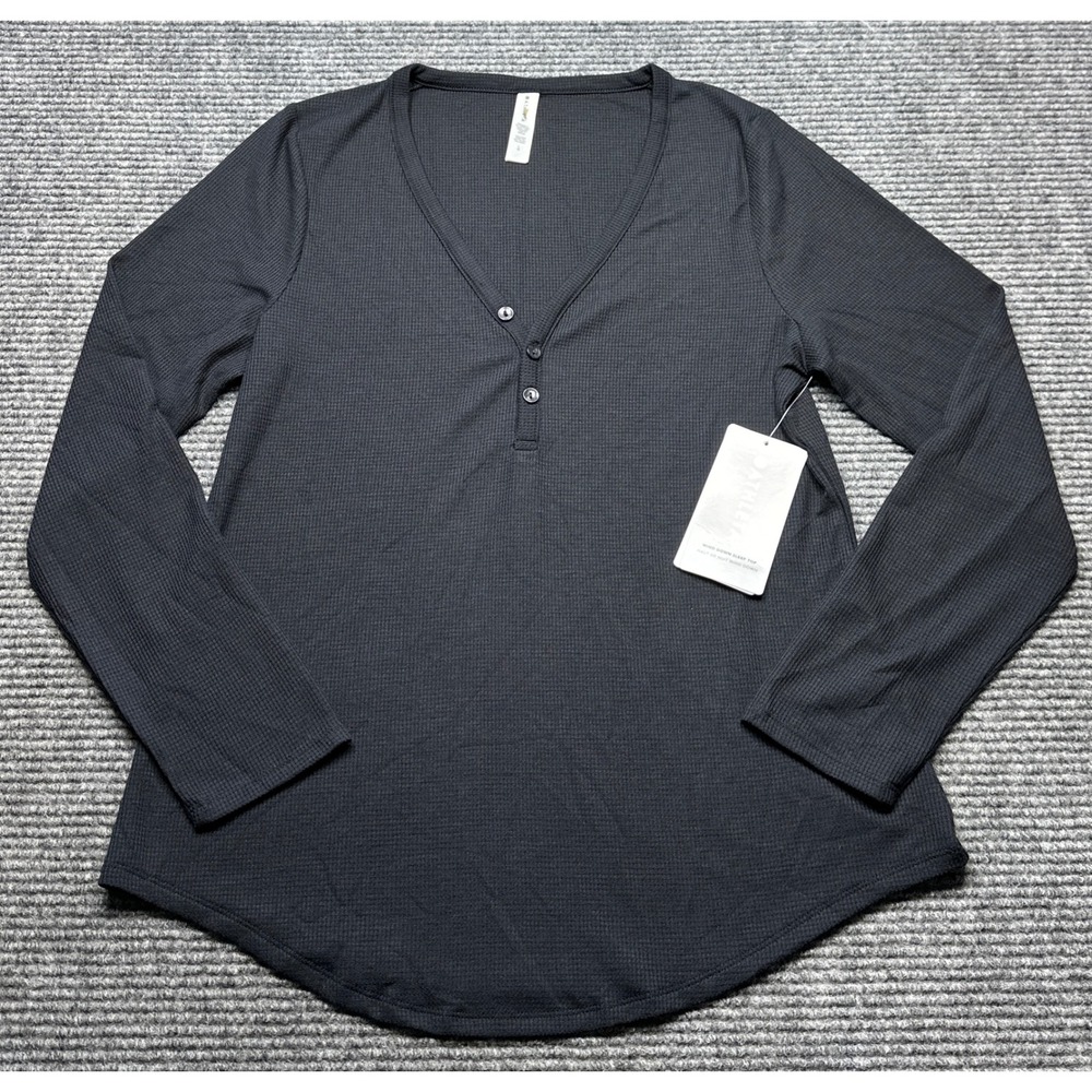 Athleta Wind Down Sleep Top Women Large Black Waffle Knit Henley L/S
